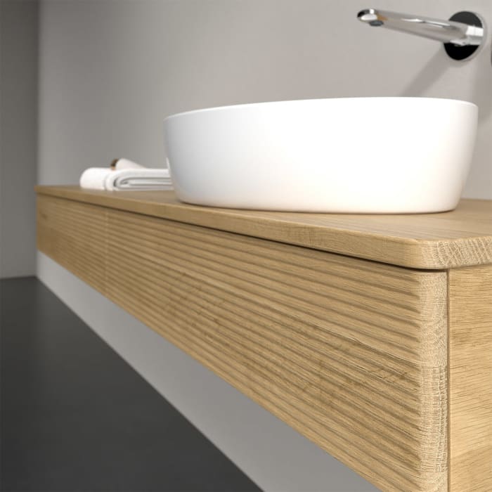 Villeroy & Boch Antao Waschbeckenunterschrank, 160 x 19 cm, 2 Auszüge mit LED-Licht, Front mit Struktur, ohne Hahnloch, für Waschtisch rechts