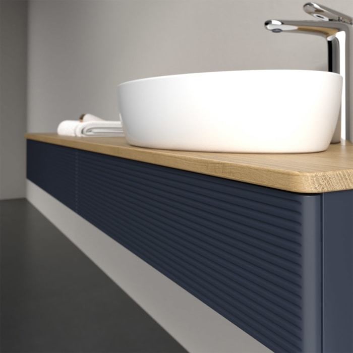 Villeroy & Boch Antao Waschbeckenunterschrank, 160 x 19 cm, 2 Auszüge mit LED-Licht, Front mit Struktur, mit Hahnloch, für Waschtisch rechts