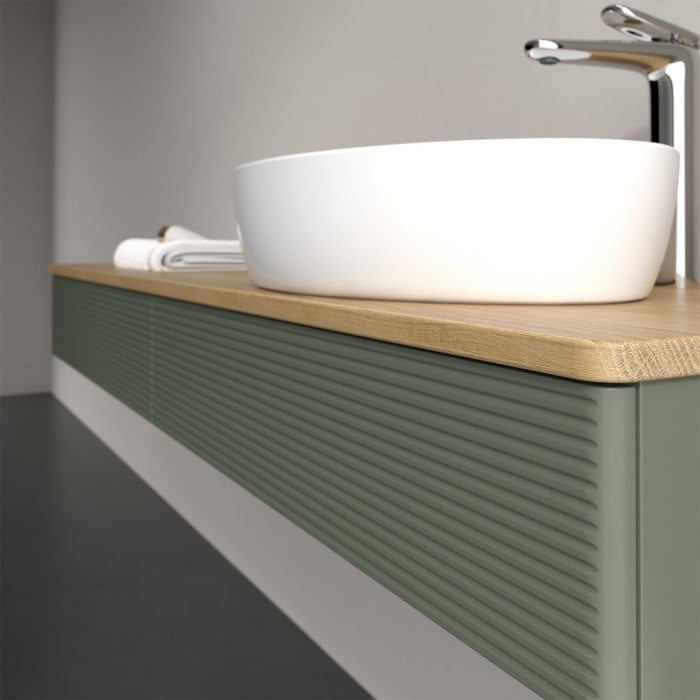 Villeroy & Boch Antao Waschbeckenunterschrank, 160 x 19 cm, 2 Auszüge mit LED-Licht, Front mit Struktur, mit Hahnloch, für Waschtisch rechts