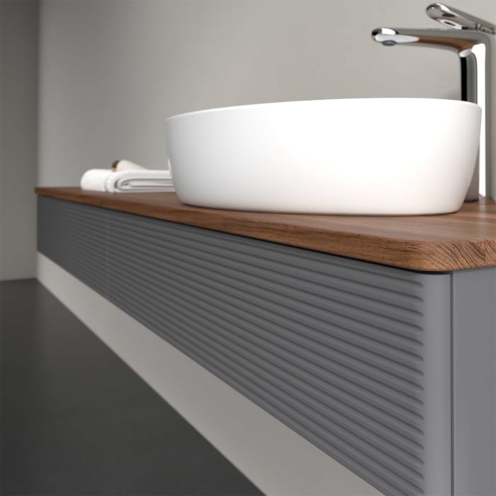 Villeroy & Boch Antao Waschbeckenunterschrank, 160 x 19 cm, 2 Auszüge mit LED-Licht, Front mit Struktur, mit Hahnloch, für Waschtisch rechts