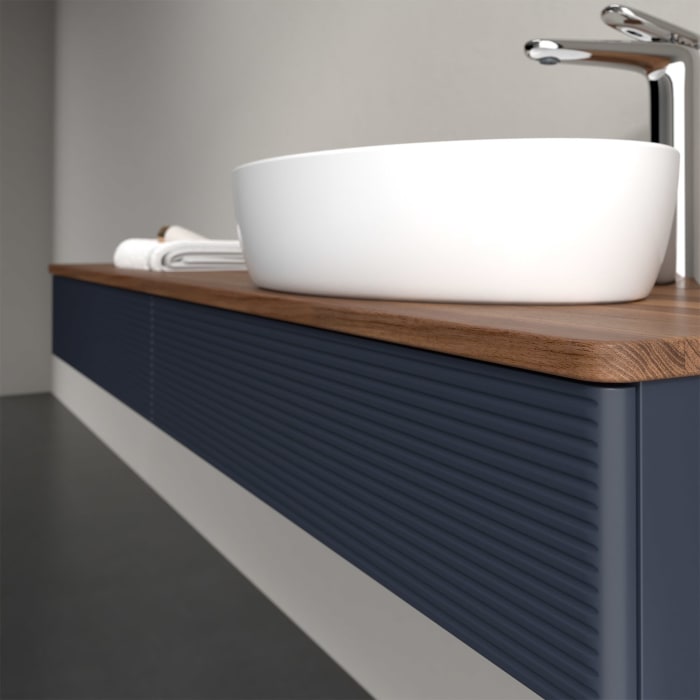 Villeroy & Boch Antao Waschbeckenunterschrank, 160 x 19 cm, 2 Auszüge mit LED-Licht, Front mit Struktur, mit Hahnloch, für Waschtisch rechts