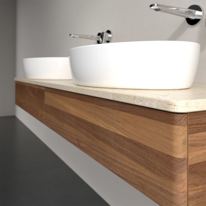 Villeroy & Boch Antao Waschbeckenunterschrank, 160 x 19 cm, 2 Auszüge mit LED-Licht, Front ohne Struktur, ohne Hahnloch, für Waschtisch links und rech