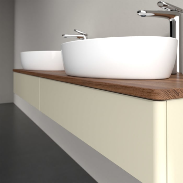 Villeroy & Boch Antao Waschbeckenunterschrank, 160 x 19 cm, 2 Auszüge mit LED-Licht, Front ohne Struktur, mit Hahnloch, für Waschtisch links und recht