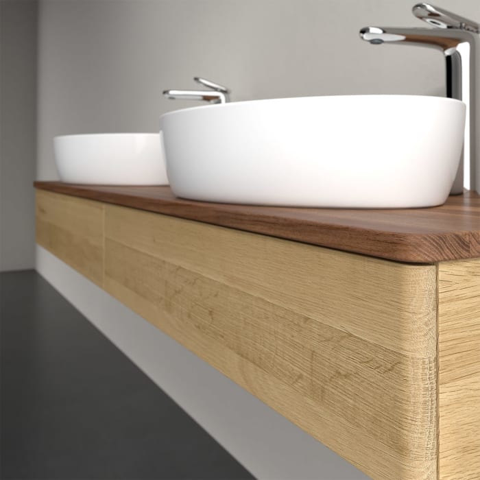 Villeroy & Boch Antao Waschbeckenunterschrank, 160 x 19 cm, 2 Auszüge mit LED-Licht, Front ohne Struktur, mit Hahnloch, für Waschtisch links und recht