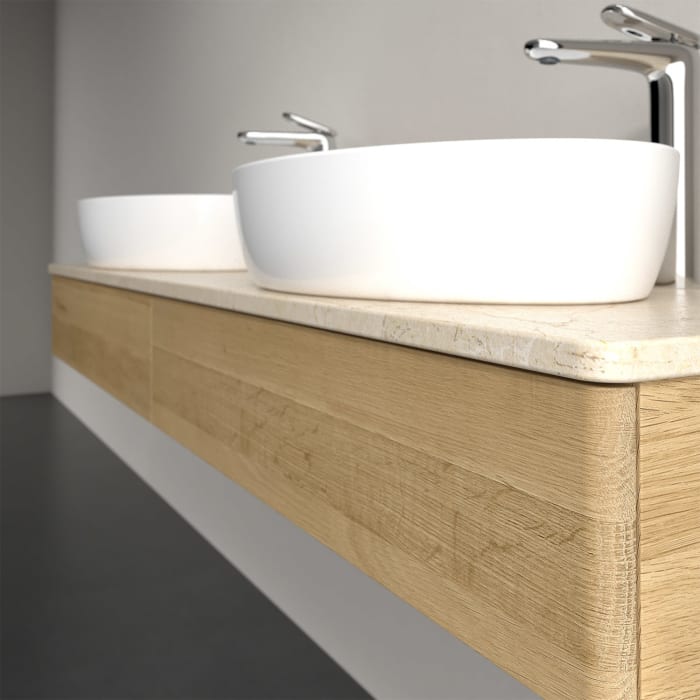 Villeroy & Boch Antao Waschbeckenunterschrank, 160 x 19 cm, 2 Auszüge mit LED-Licht, Front ohne Struktur, mit Hahnloch, für Waschtisch links und recht