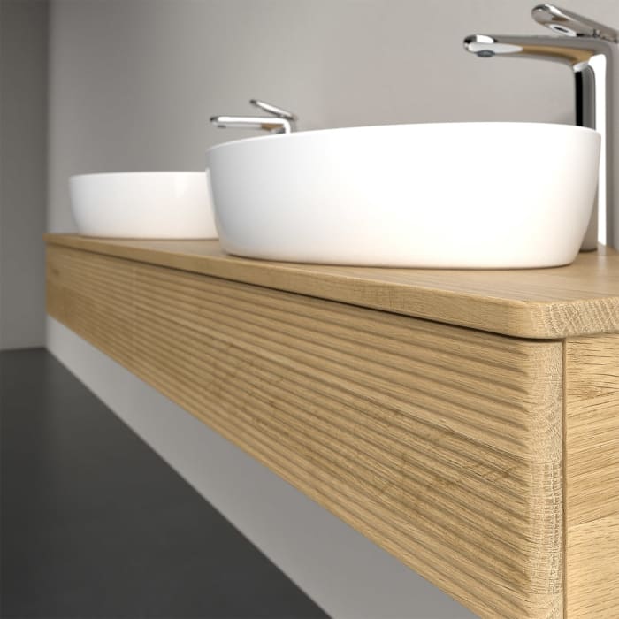 Villeroy & Boch Antao Waschbeckenunterschrank, 160 x 19 cm, 2 Auszüge mit LED-Licht, Front mit Struktur, mit Hahnloch, für Waschtisch links und rechts