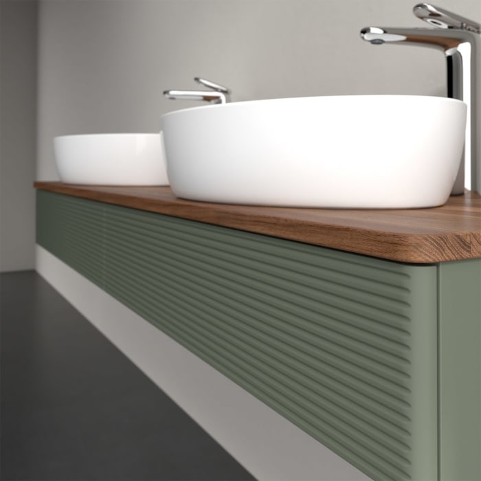 Villeroy & Boch Antao Waschbeckenunterschrank, 160 x 19 cm, 2 Auszüge mit LED-Licht, Front mit Struktur, mit Hahnloch, für Waschtisch links und rechts