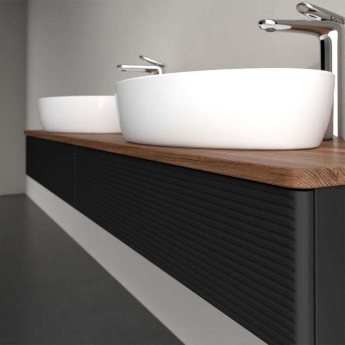 Villeroy & Boch Antao Waschbeckenunterschrank, 160 x 19 cm, 2 Auszüge mit LED-Licht, Front mit Struktur, mit Hahnloch, für Waschtisch links und rechts