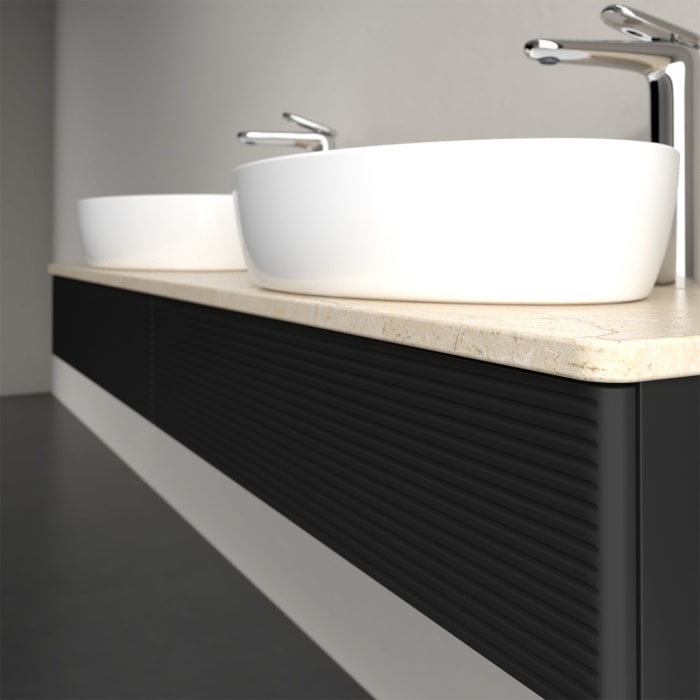 Villeroy & Boch Antao Waschbeckenunterschrank, 160 x 19 cm, 2 Auszüge mit LED-Licht, Front mit Struktur, mit Hahnloch, für Waschtisch links und rechts