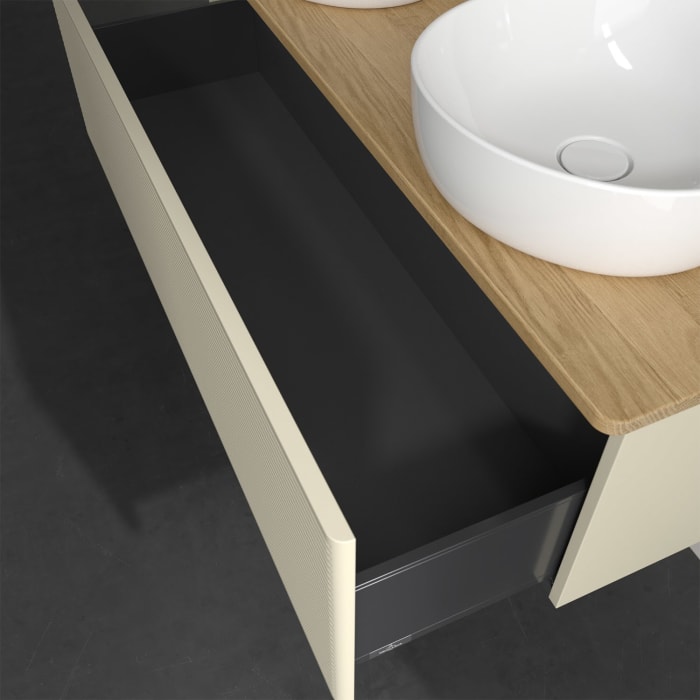 Villeroy & Boch Antao Waschbeckenunterschrank, 120 x 36 cm, 1 Auszug, Front mit Struktur, ohne Hahnloch, für Waschtisch links und rechts