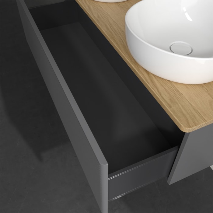 Villeroy & Boch Antao Waschbeckenunterschrank, 120 x 36 cm, 1 Auszug, Front mit Struktur, mit Hahnloch, für Waschtisch links und rechts