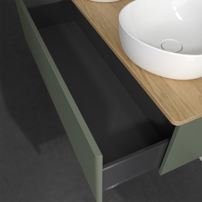 Villeroy & Boch Antao Waschbeckenunterschrank, 120 x 36 cm, 1 Auszug, Front mit Struktur, mit Hahnloch, für Waschtisch links und rechts