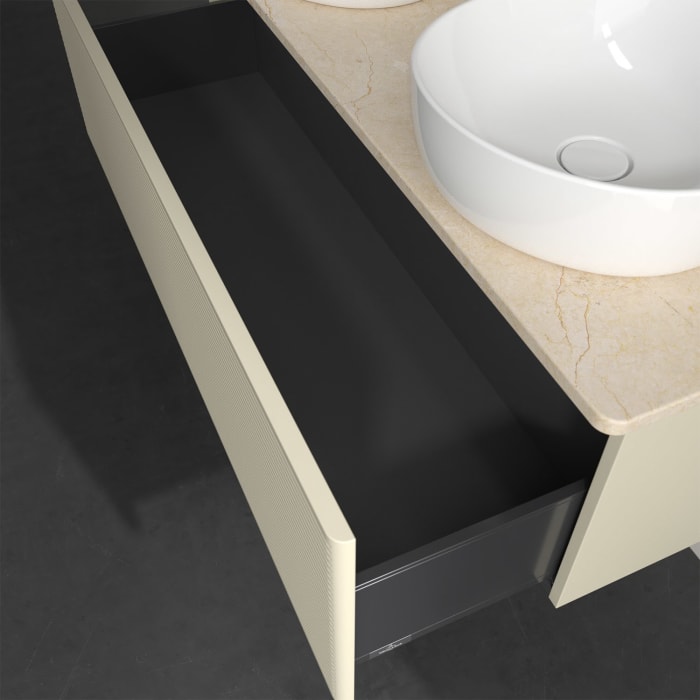 Villeroy & Boch Antao Waschbeckenunterschrank, 120 x 36 cm, 1 Auszug, Front mit Struktur, mit Hahnloch, für Waschtisch links und rechts