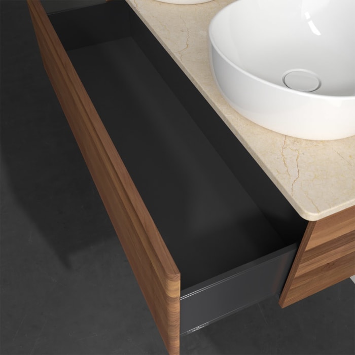 Villeroy & Boch Antao Waschbeckenunterschrank, 120 x 36 cm, 1 Auszug, Front mit Struktur, mit Hahnloch, für Waschtisch links und rechts