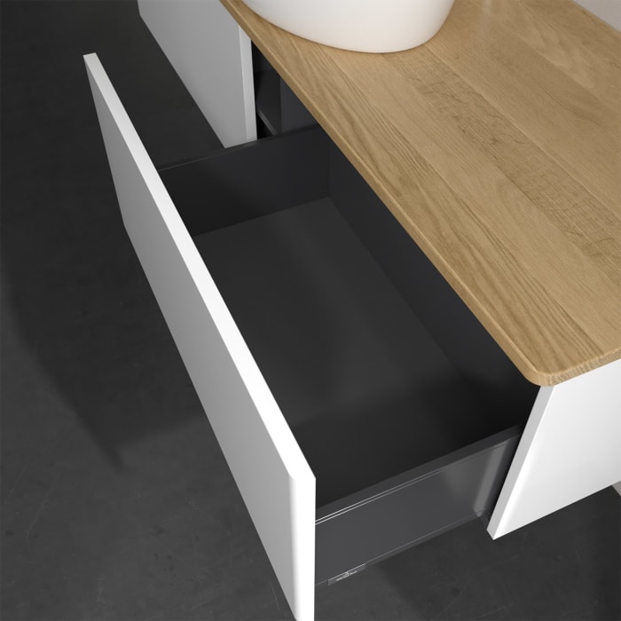 Villeroy & Boch Antao Waschbeckenunterschrank, 160 x 36 cm, 2 Auszüge, Front ohne Struktur, mit Hahnloch, für Waschtisch mittig