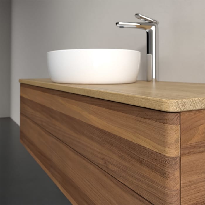 Villeroy & Boch Antao Waschbeckenunterschrank, 120 x 36 cm, 2 Auszüge mit LED-Licht, Front ohne Struktur, mit Hahnloch, für Waschtisch mittig