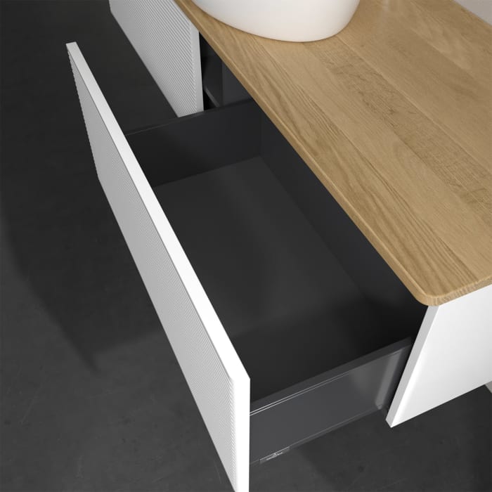 Villeroy & Boch Antao Waschbeckenunterschrank, 160 x 36 cm, 2 Auszüge, Front mit Struktur, mit Hahnloch, für Waschtisch mittig