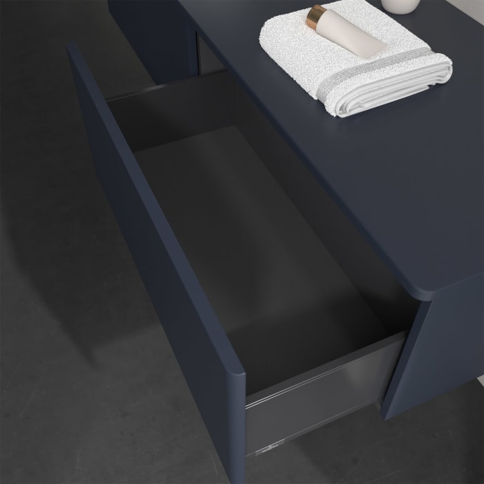 Villeroy & Boch Antao Waschbeckenunterschrank, 160 x 36 cm, 2 Auszüge, Front ohne Struktur, ohne Hahnloch, für Waschtisch links