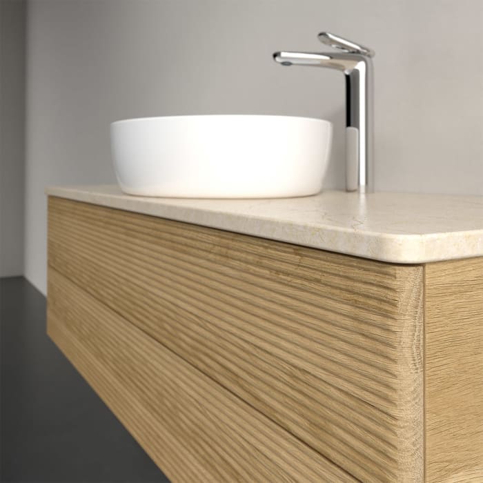 Villeroy & Boch Antao Waschbeckenunterschrank, 120 x 36 cm, 2 Auszüge mit LED-Licht, Front mit Struktur, mit Hahnloch, für Waschtisch mittig