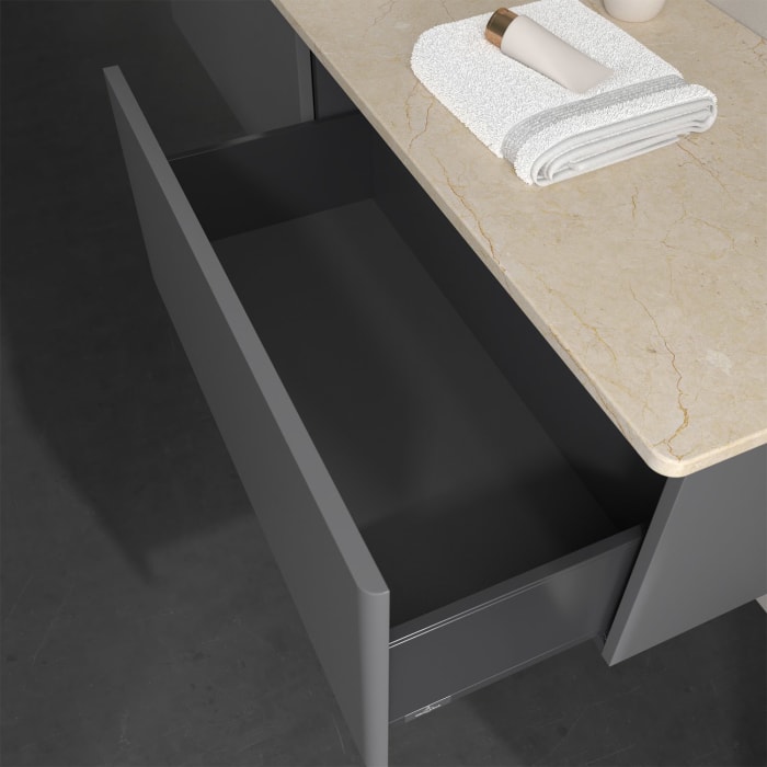 Villeroy & Boch Antao Waschbeckenunterschrank, 160 x 36 cm, 2 Auszüge, Front ohne Struktur, ohne Hahnloch, für Waschtisch links