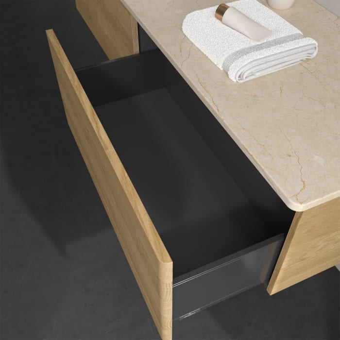 Villeroy & Boch Antao Waschbeckenunterschrank, 160 x 36 cm, 2 Auszüge, Front ohne Struktur, ohne Hahnloch, für Waschtisch links