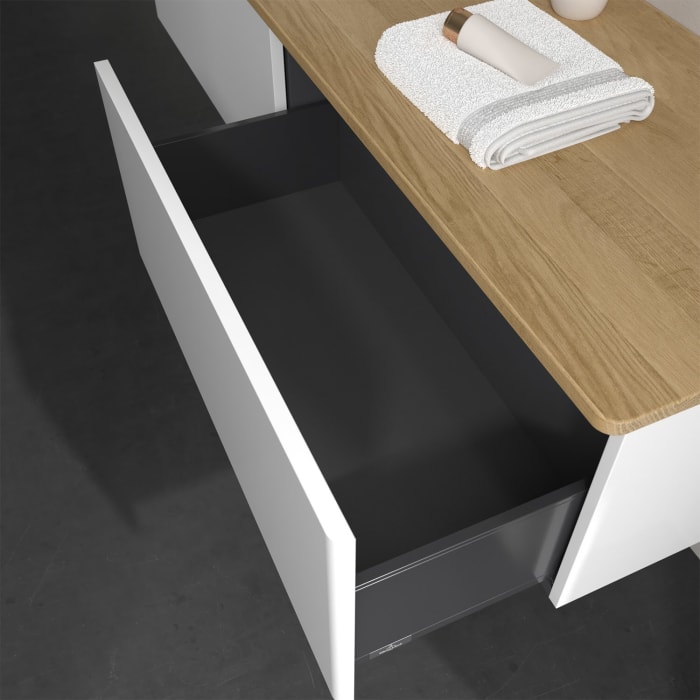 Villeroy & Boch Antao Waschbeckenunterschrank, 160 x 36 cm, 2 Auszüge, Front ohne Struktur, mit Hahnloch, für Waschtisch links