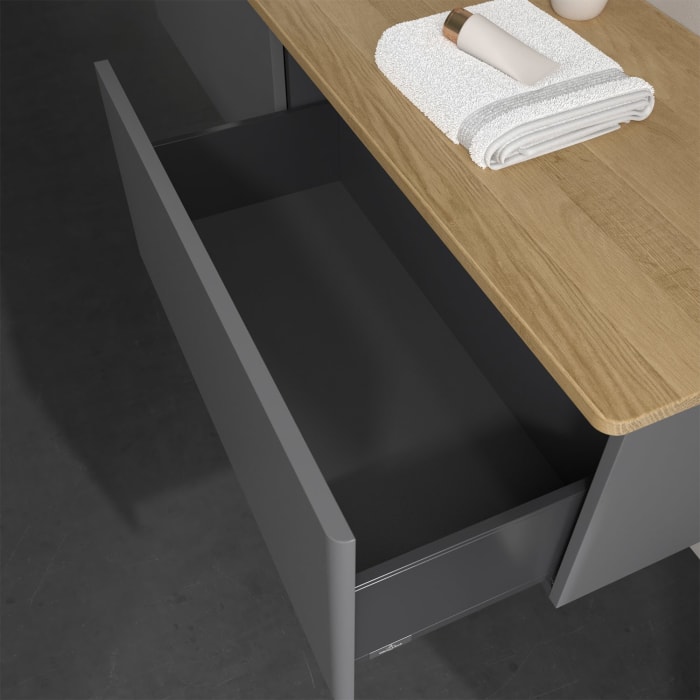 Villeroy & Boch Antao Waschbeckenunterschrank, 160 x 36 cm, 2 Auszüge, Front ohne Struktur, mit Hahnloch, für Waschtisch links