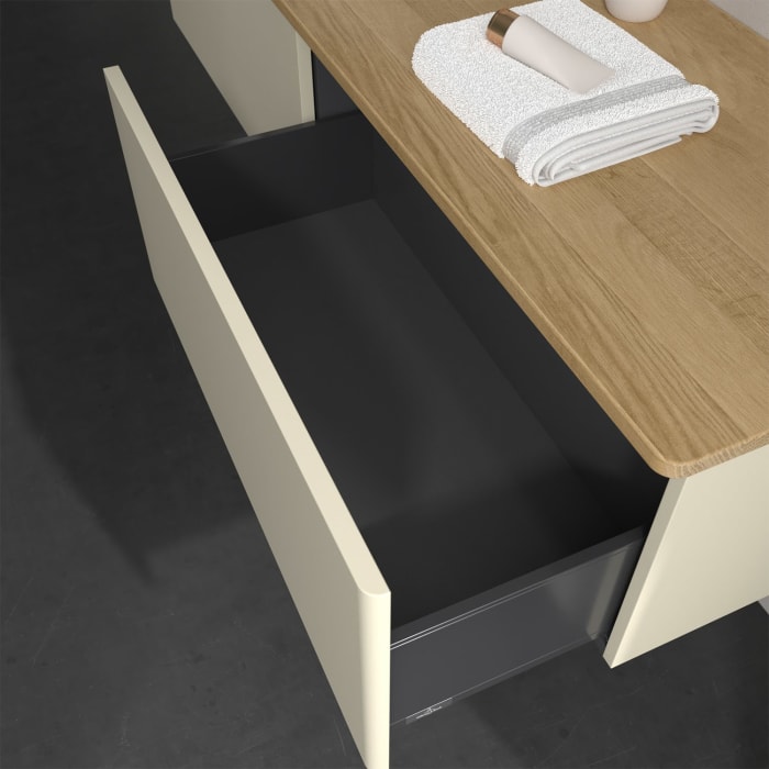 Villeroy & Boch Antao Waschbeckenunterschrank, 160 x 36 cm, 2 Auszüge, Front ohne Struktur, mit Hahnloch, für Waschtisch links