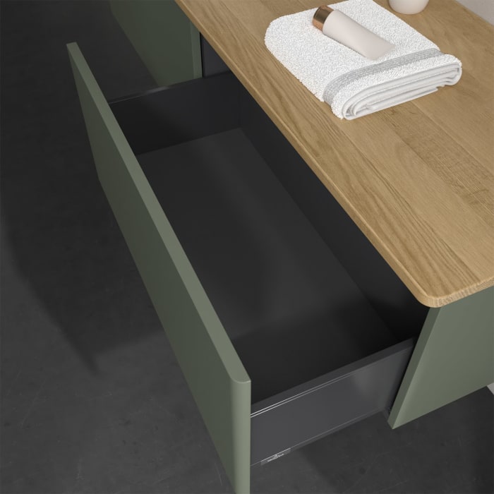 Villeroy & Boch Antao Waschbeckenunterschrank, 160 x 36 cm, 2 Auszüge, Front ohne Struktur, mit Hahnloch, für Waschtisch links