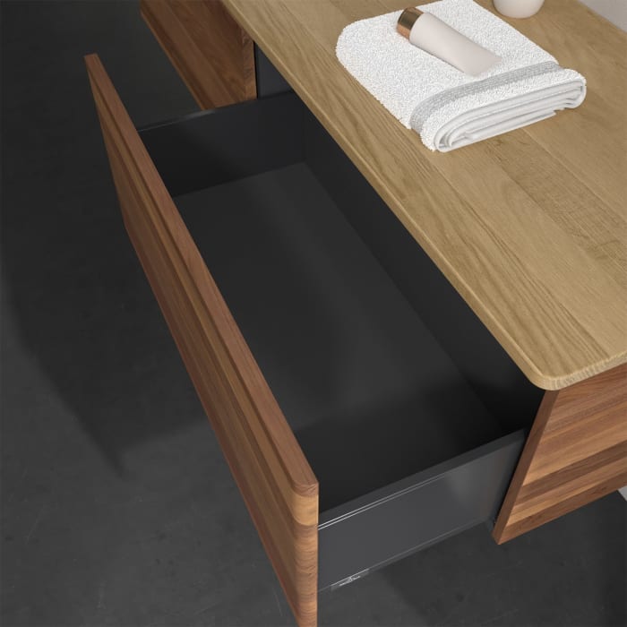 Villeroy & Boch Antao Waschbeckenunterschrank, 160 x 36 cm, 2 Auszüge, Front ohne Struktur, mit Hahnloch, für Waschtisch links