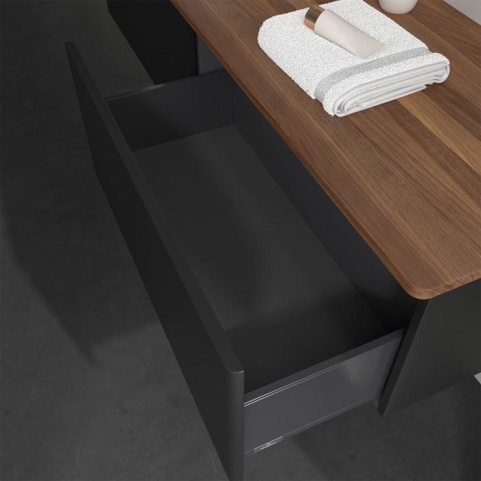 Villeroy & Boch Antao Waschbeckenunterschrank, 160 x 36 cm, 2 Auszüge, Front ohne Struktur, mit Hahnloch, für Waschtisch links