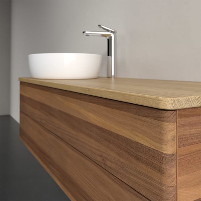 Villeroy & Boch Antao Waschbeckenunterschrank, 120 x 36 cm, 2 Auszüge mit LED-Licht, Front ohne Struktur, mit Hahnloch, für Waschtisch links