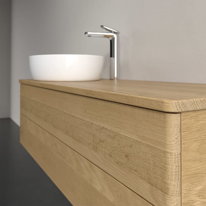 Villeroy & Boch Antao Waschbeckenunterschrank, 120 x 36 cm, 2 Auszüge mit LED-Licht, Front ohne Struktur, mit Hahnloch, für Waschtisch links