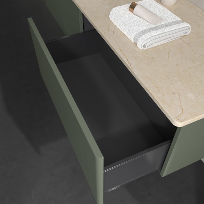 Villeroy & Boch Antao Waschbeckenunterschrank, 160 x 36 cm, 2 Auszüge, Front ohne Struktur, mit Hahnloch, für Waschtisch links