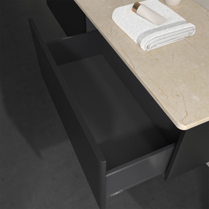 Villeroy & Boch Antao Waschbeckenunterschrank, 160 x 36 cm, 2 Auszüge, Front ohne Struktur, mit Hahnloch, für Waschtisch links