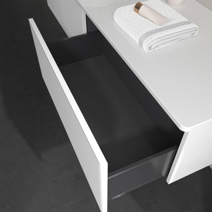 Villeroy & Boch Antao Waschbeckenunterschrank, 160 x 36 cm, 2 Auszüge, Front mit Struktur, ohne Hahnloch, für Waschtisch links