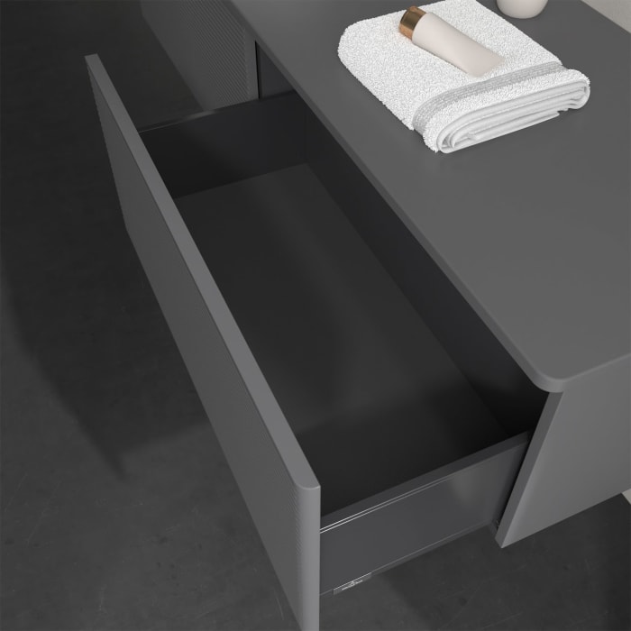 Villeroy & Boch Antao Waschbeckenunterschrank, 160 x 36 cm, 2 Auszüge, Front mit Struktur, ohne Hahnloch, für Waschtisch links