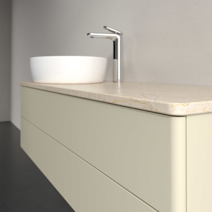 Villeroy & Boch Antao Waschbeckenunterschrank, 120 x 36 cm, 2 Auszüge mit LED-Licht, Front ohne Struktur, mit Hahnloch, für Waschtisch links