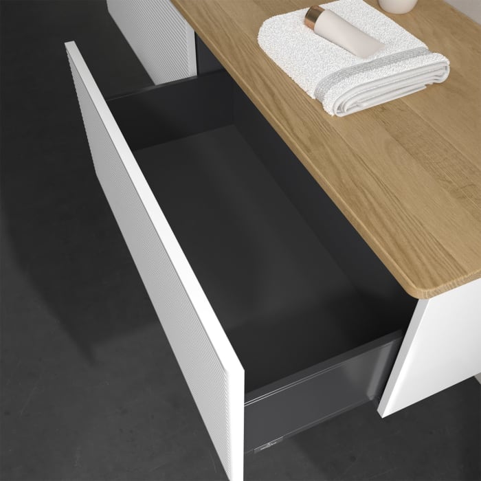 Villeroy & Boch Antao Waschbeckenunterschrank, 160 x 36 cm, 2 Auszüge, Front mit Struktur, ohne Hahnloch, für Waschtisch links