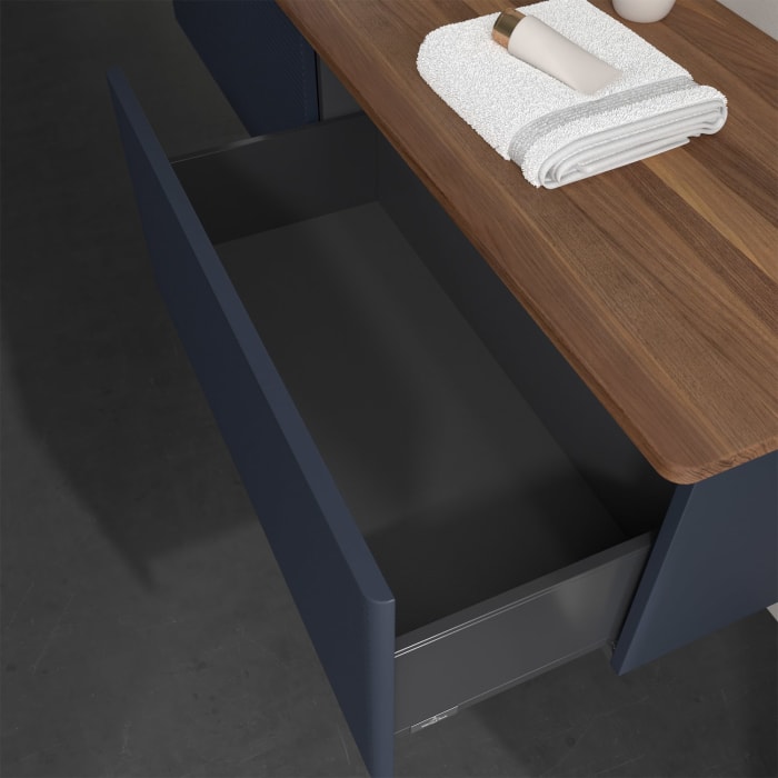 Villeroy & Boch Antao Waschbeckenunterschrank, 160 x 36 cm, 2 Auszüge, Front mit Struktur, ohne Hahnloch, für Waschtisch links