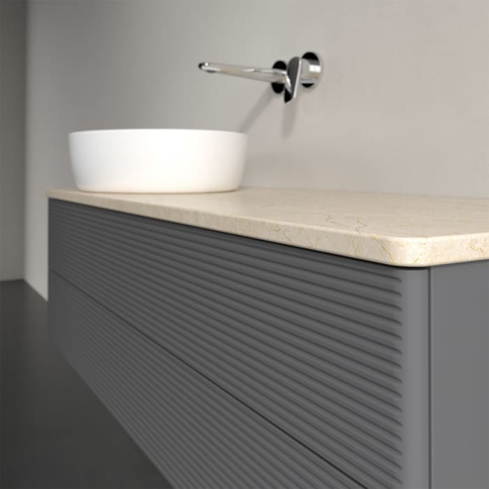 Villeroy & Boch Antao Waschbeckenunterschrank, 120 x 36 cm, 2 Auszüge mit LED-Licht, Front mit Struktur, ohne Hahnloch, für Waschtisch links