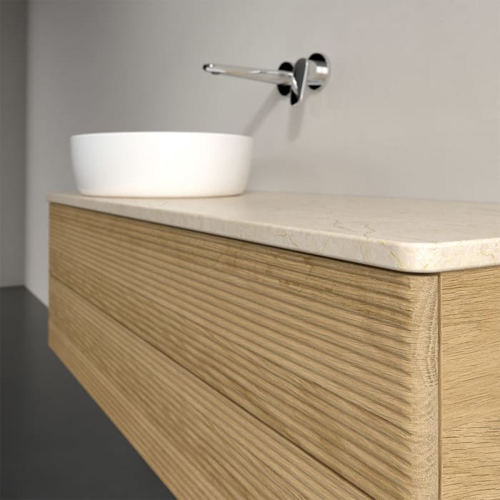 Villeroy & Boch Antao Waschbeckenunterschrank, 120 x 36 cm, 2 Auszüge mit LED-Licht, Front mit Struktur, ohne Hahnloch, für Waschtisch links