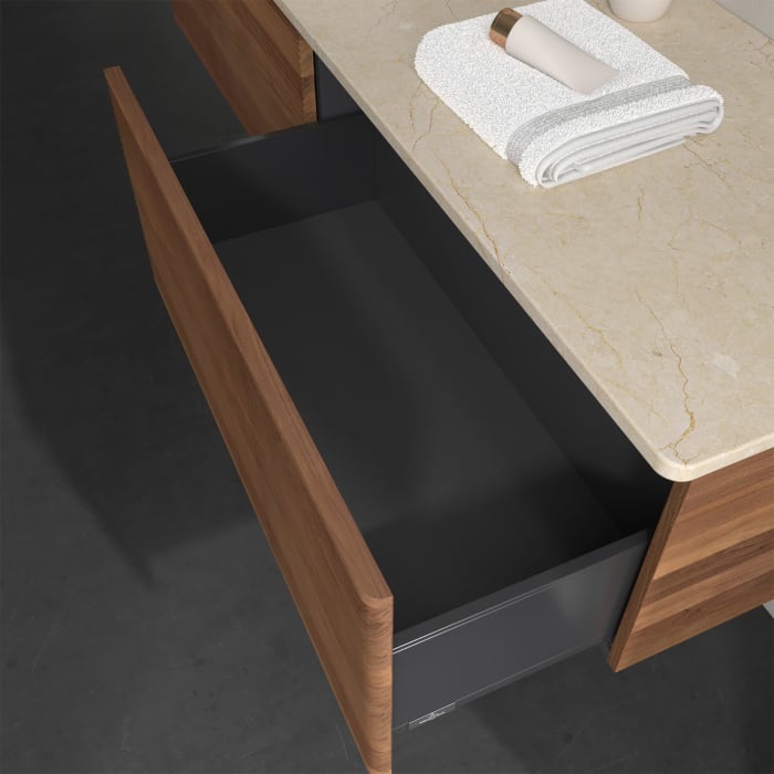 Villeroy & Boch Antao Waschbeckenunterschrank, 160 x 36 cm, 2 Auszüge, Front mit Struktur, ohne Hahnloch, für Waschtisch links