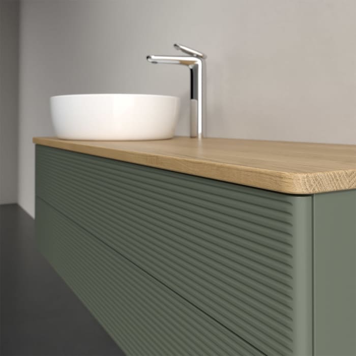 Villeroy & Boch Antao Waschbeckenunterschrank, 120 x 36 cm, 2 Auszüge mit LED-Licht, Front mit Struktur, mit Hahnloch, für Waschtisch links