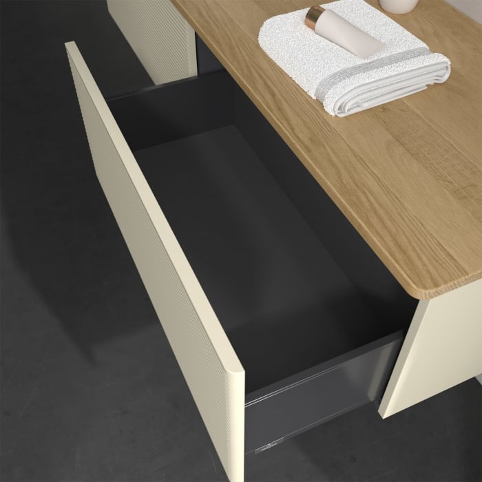 Villeroy & Boch Antao Waschbeckenunterschrank, 160 x 36 cm, 2 Auszüge, Front mit Struktur, mit Hahnloch, für Waschtisch links