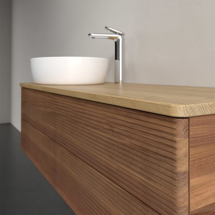 Villeroy & Boch Antao Waschbeckenunterschrank, 120 x 36 cm, 2 Auszüge mit LED-Licht, Front mit Struktur, mit Hahnloch, für Waschtisch links