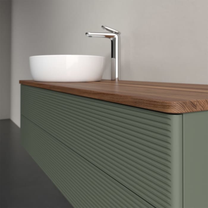 Villeroy & Boch Antao Waschbeckenunterschrank, 120 x 36 cm, 2 Auszüge mit LED-Licht, Front mit Struktur, mit Hahnloch, für Waschtisch links