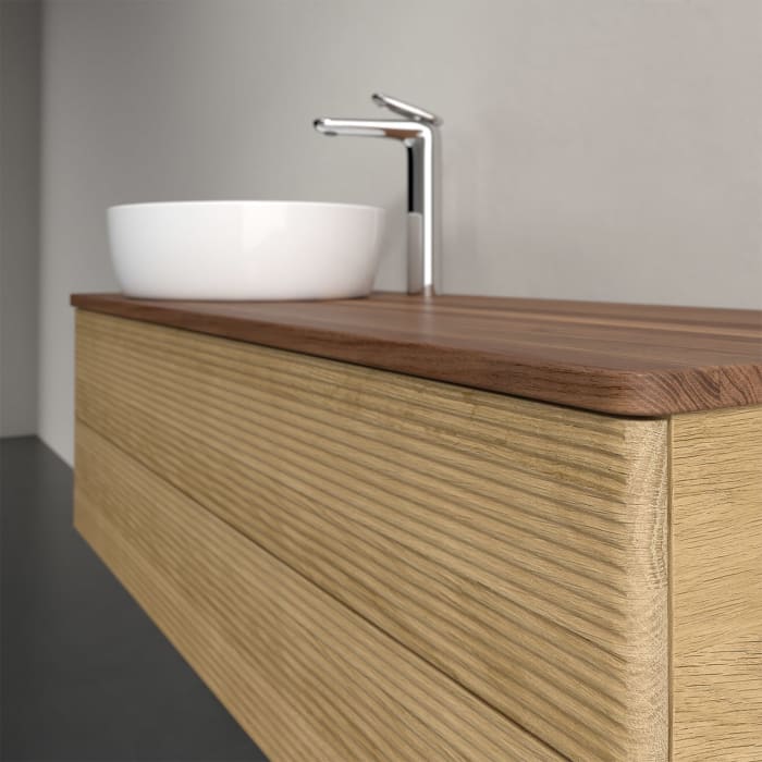 Villeroy & Boch Antao Waschbeckenunterschrank, 120 x 36 cm, 2 Auszüge mit LED-Licht, Front mit Struktur, mit Hahnloch, für Waschtisch links