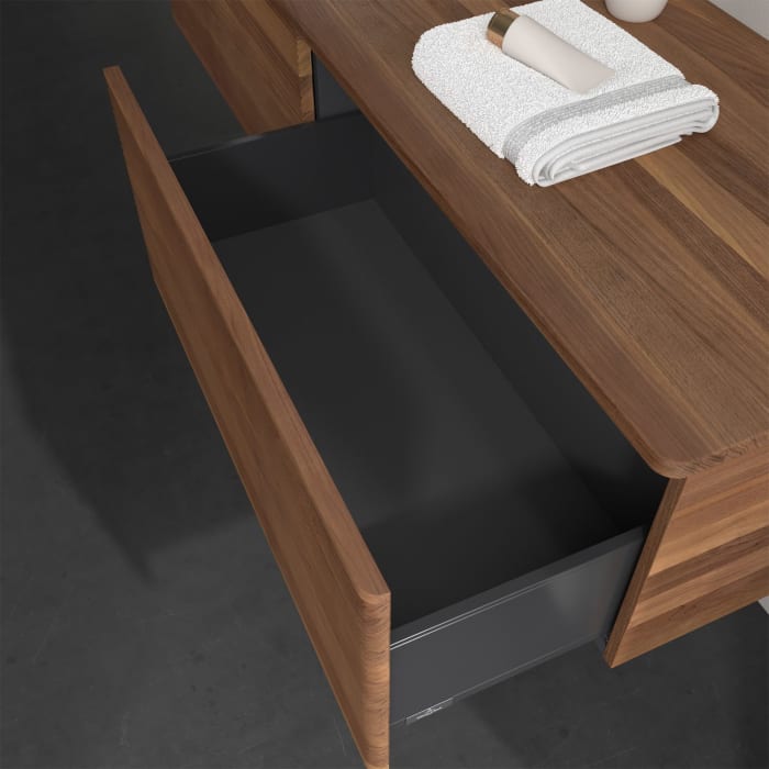 Villeroy & Boch Antao Waschbeckenunterschrank, 160 x 36 cm, 2 Auszüge, Front mit Struktur, mit Hahnloch, für Waschtisch links