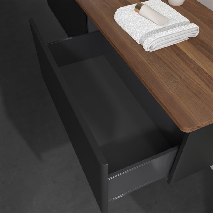 Villeroy & Boch Antao Waschbeckenunterschrank, 160 x 36 cm, 2 Auszüge, Front mit Struktur, mit Hahnloch, für Waschtisch links